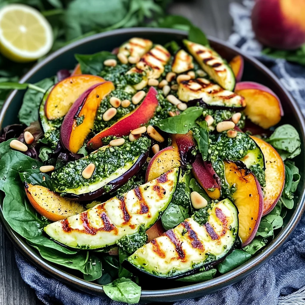 Griddled Halloumi and Peach Salad with Homemade Lemon Pesto
