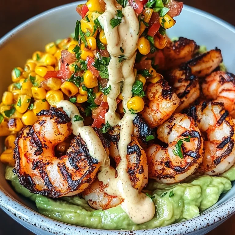 Grilled Shrimp Bowl with Avocado, Corn Salsa & Creamy Sauce