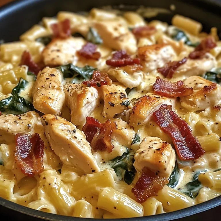 Creamy Chicken Pasta with Spinach, Bacon, and Cheese