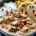 Creamy Chicken & Bacon Stroganoff with Garlic Naan, Rice & Crispy Fries