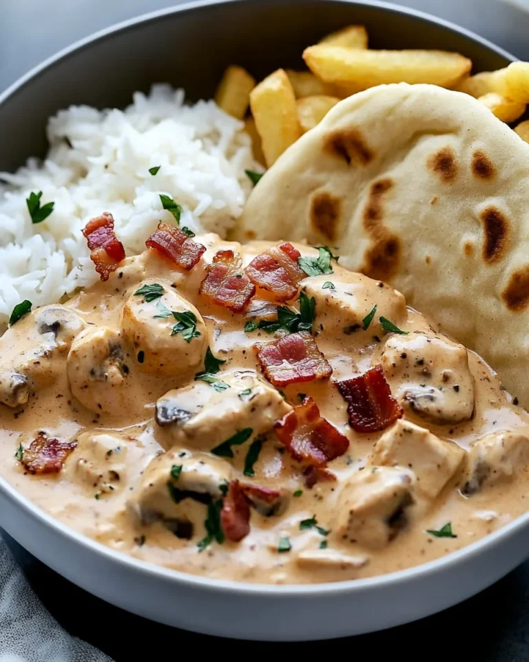 Creamy Chicken & Bacon Stroganoff with Garlic Naan, Rice & Crispy Fries