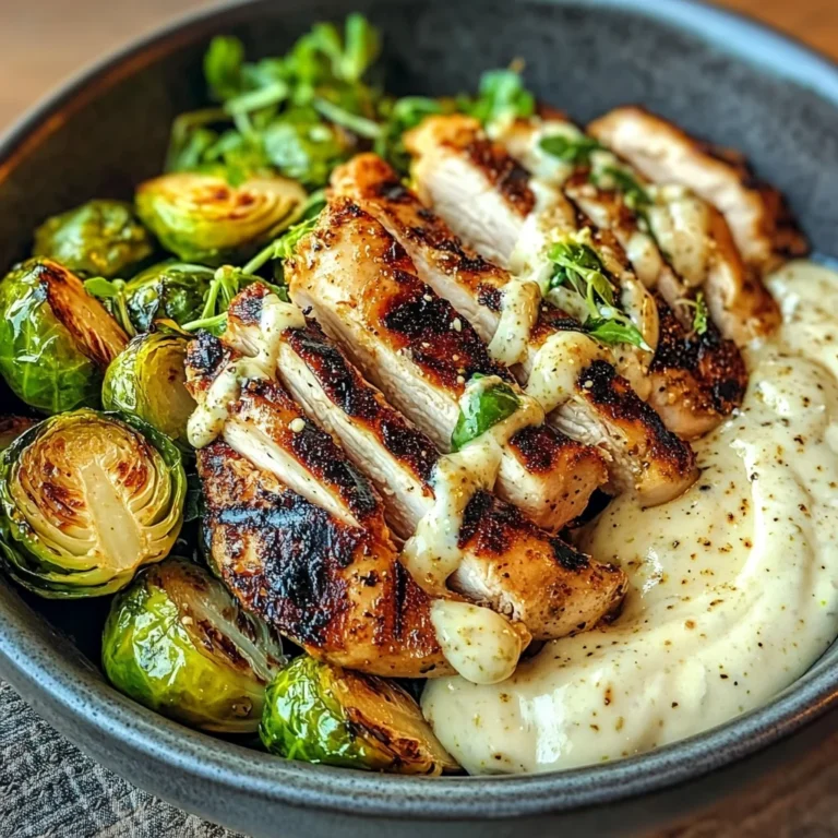 Grilled Chicken & Brussels Sprouts Bowl with Creamy Garlic-Parmesan Sauce