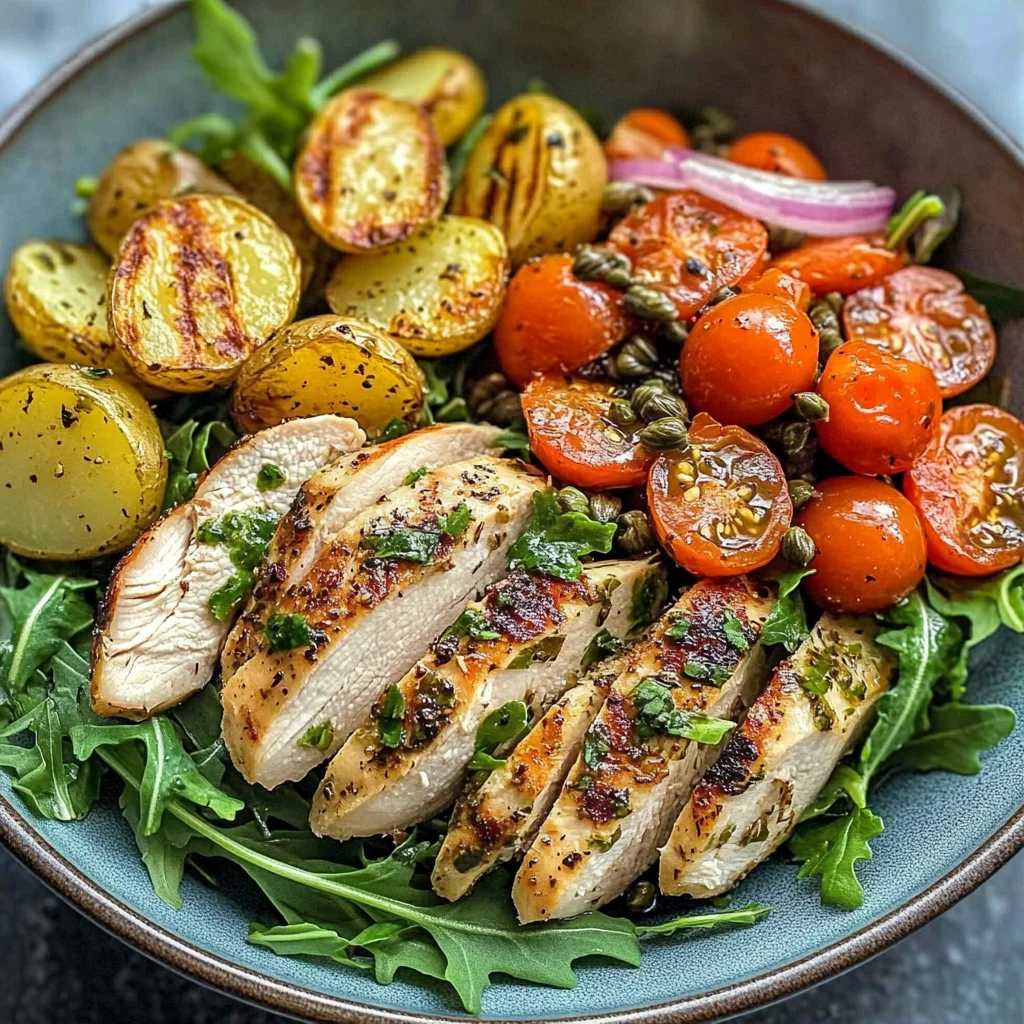 Herbed Chicken Bowl with Crispy Potatoes & Tomato Caper Salad