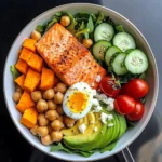 Omega Bowl: Salmon, Jammy Egg & Greens with Chickpeas & Sweet Potato