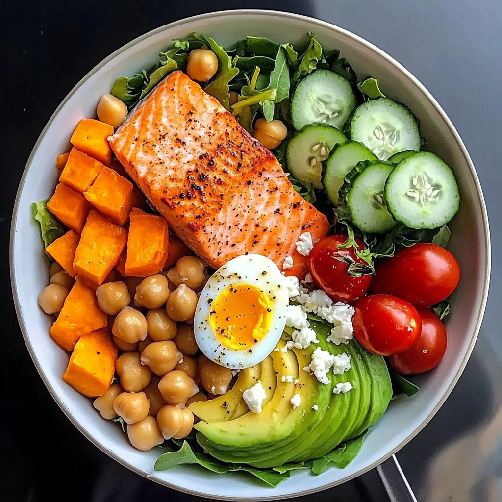 Omega Bowl: Salmon, Jammy Egg & Greens with Chickpeas & Sweet Potato