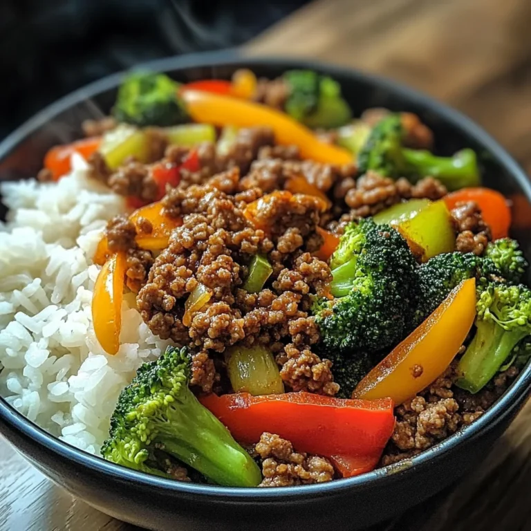 Spicy Ground Beef Stir-Fry Bowl with Garlic Veggies & Steamy Rice
