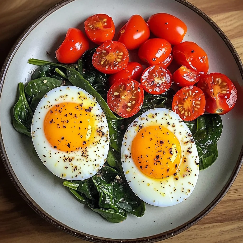 Boiled Eggs with Sautéed Cherry Tomatoes & Spinach