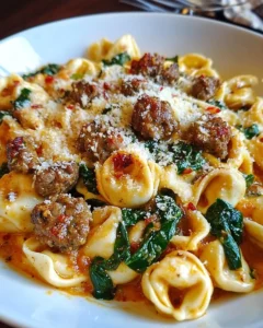 Creamy Tortellini Pasta with Beef, Spinach & Italian Sausage