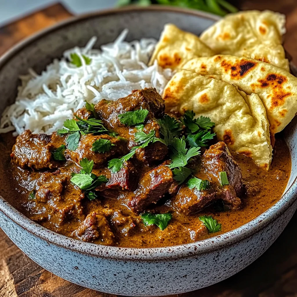 Slow-Cooked Beef and Coconut Curry with Garlic Naan
