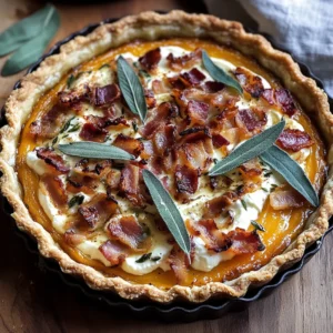 Pumpkin, Ricotta & Caramelized Onion Tart with Turkey Bacon and Sage
