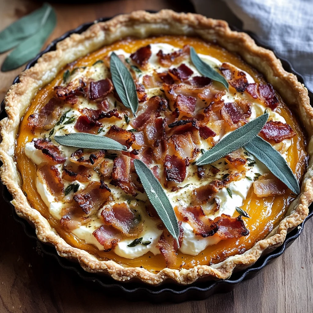 Pumpkin, Ricotta & Caramelized Onion Tart with Turkey Bacon and Sage