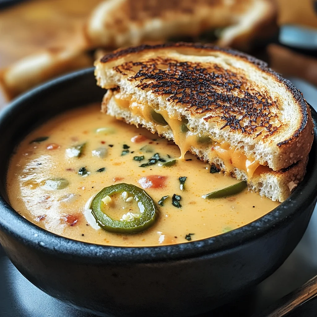 Spicy Jalapeño Popper Soup with Grilled Cheese Dippers