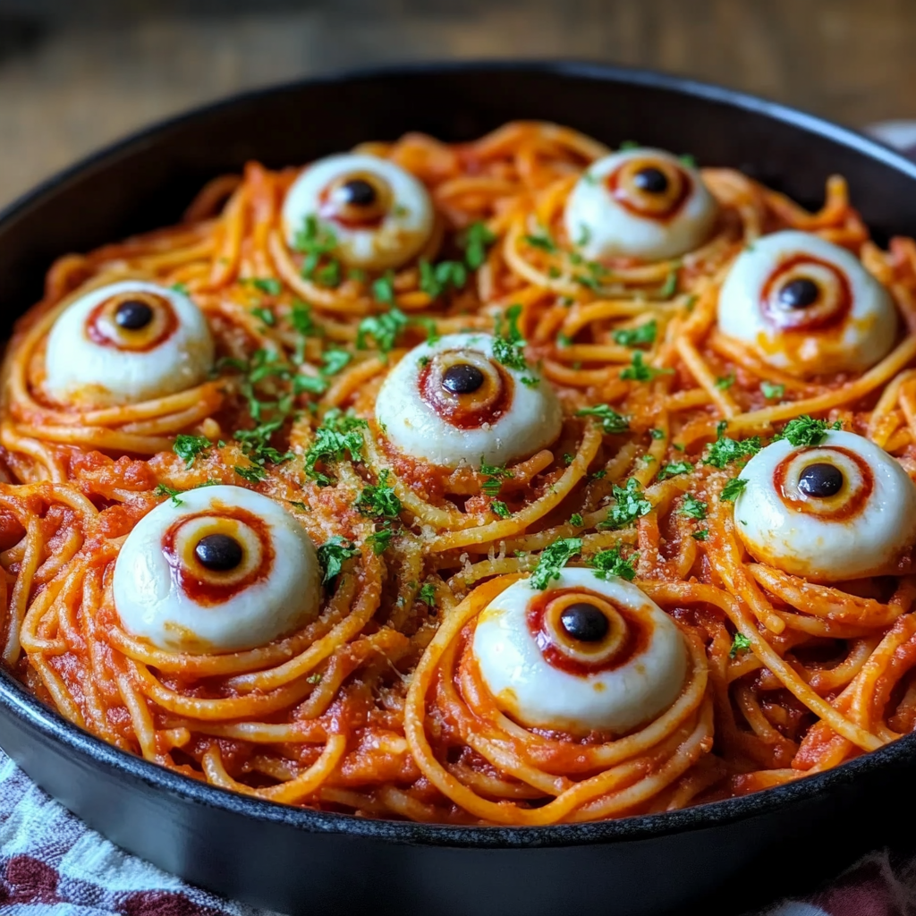 Bloody Spaghetti with Mozzarella Eyeballs Recipe