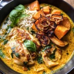 Crockpot Coconut Chicken Curry with Crispy Shallot Basil Oil