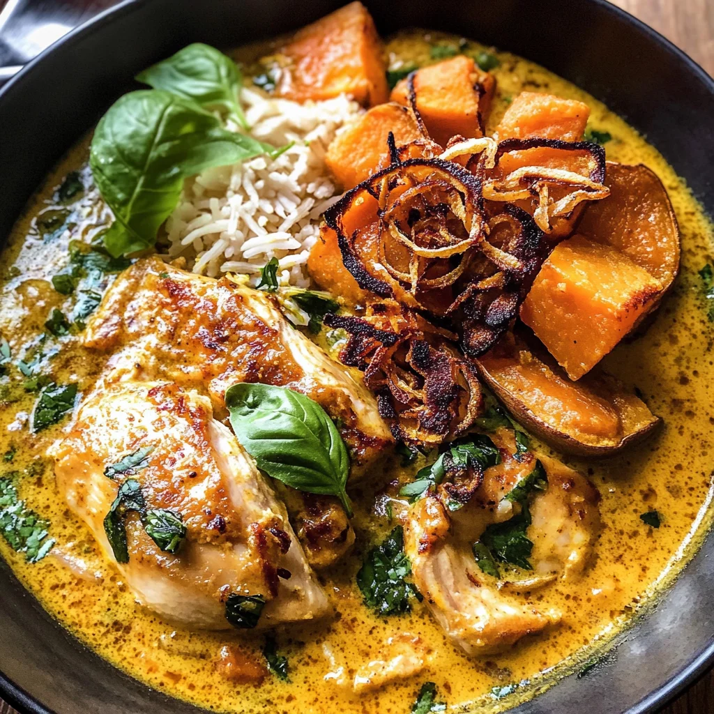 Crockpot Coconut Chicken Curry with Crispy Shallot Basil Oil