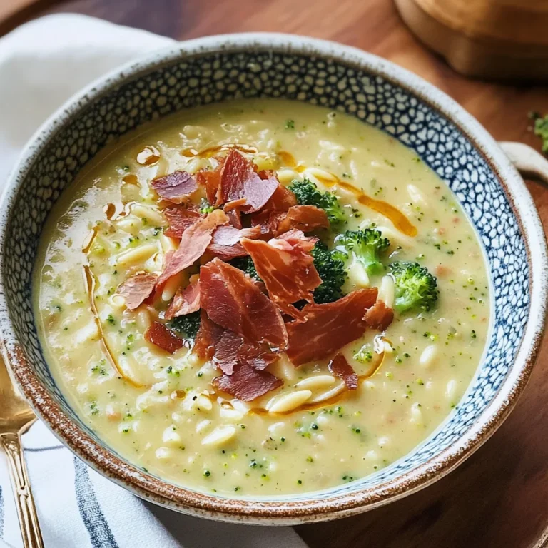 Broccoli Cheddar Orzo Soup with Crispy Prosciutto