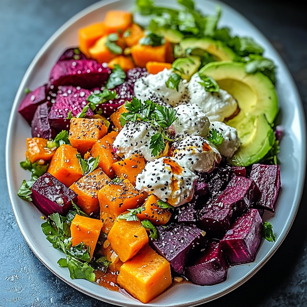 Roasted Beet, Sweet Potato & Avocado Salad with Whipped Ricotta & Lemon-Tahini Drizzle