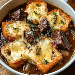 French Onion Beef Stew with Cheesy Bread Topping: A Cozy Gourmet Delight