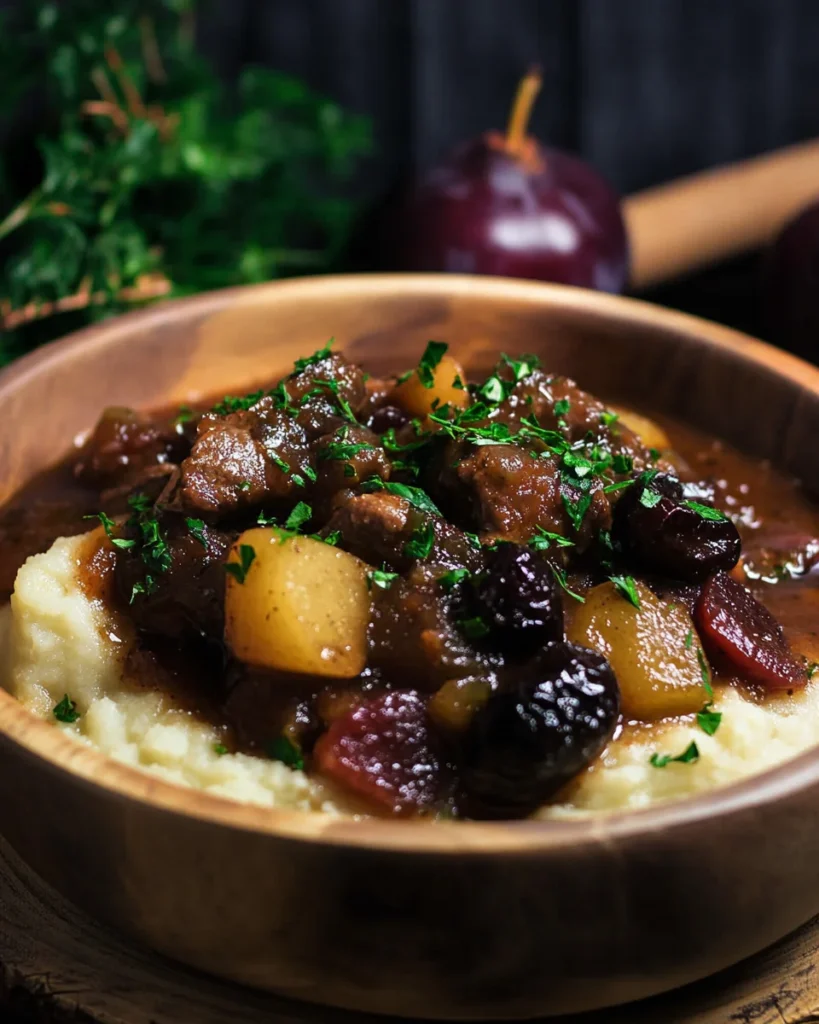 beef Stew with Turkey Bacon, Apples, and Prunes