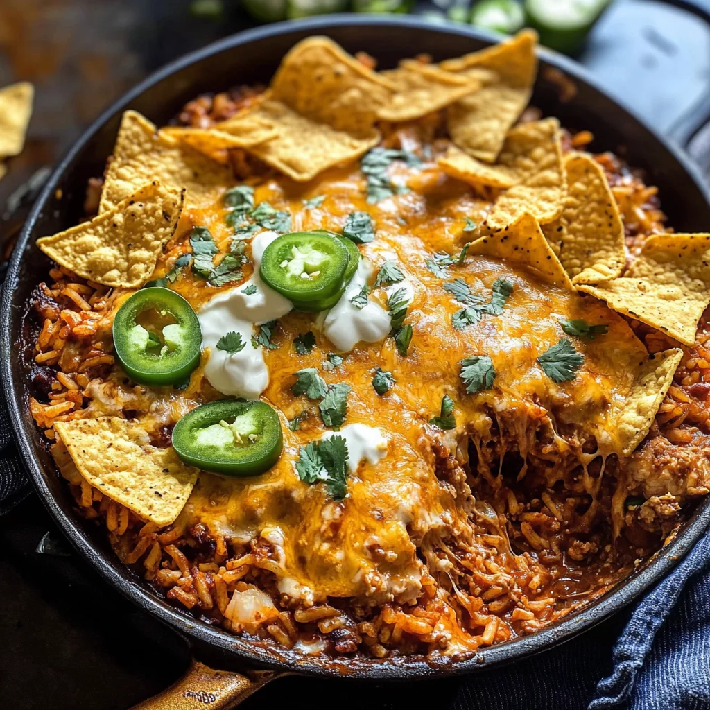 One Skillet Saucy Chicken Tortilla Enchilada Rice Bake