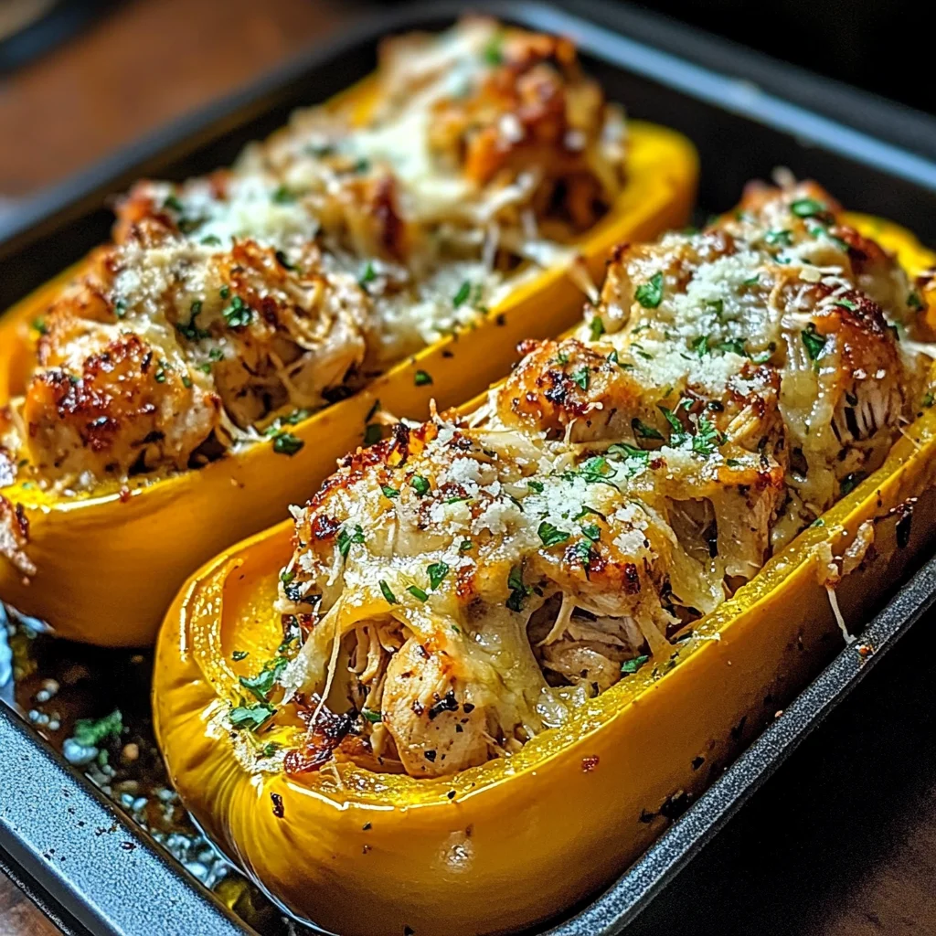 Sweet and Savory Honey Roasted Butternut Squash Stuffed with Chicken