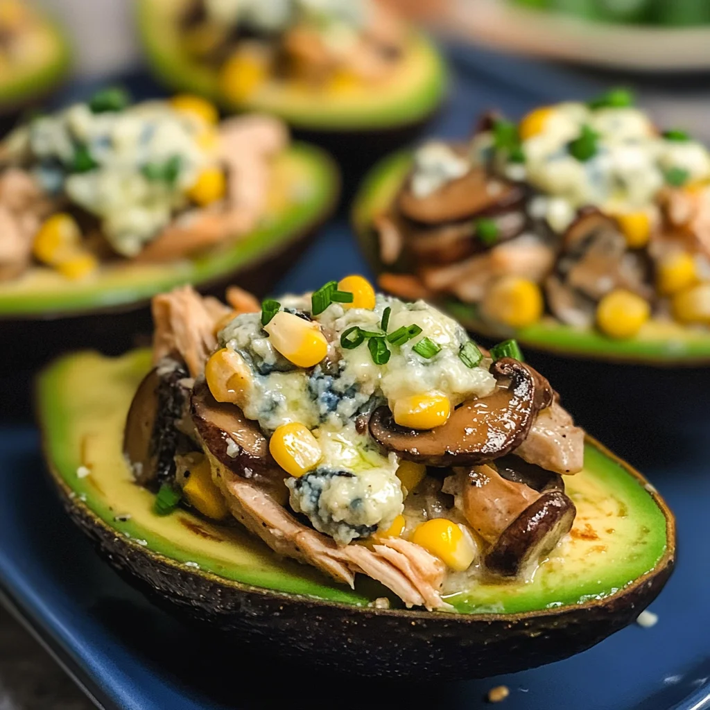 Chicken Stuffed Avocados with Mushrooms & Blue Cheese