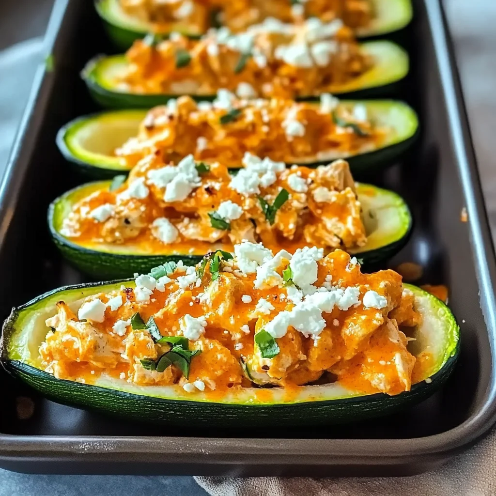 High Protein Buffalo Chicken Stuffed Zucchini Boats