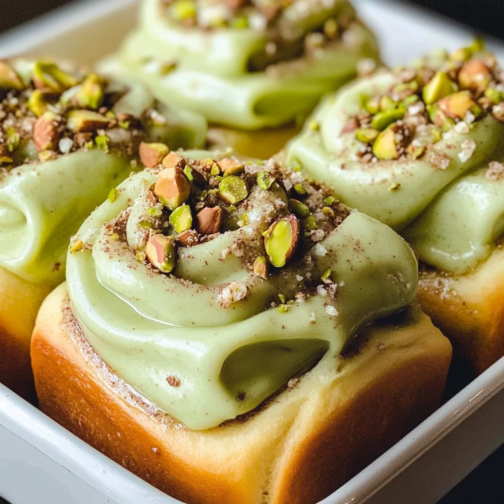 Small batch pistachio cream cinnamon rolls — the soft, pillowy rolls with a vibrant green pistachio filling and dreamy cream cheese frosting